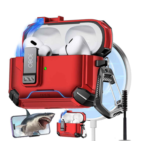 Oboe Tough Case For Apple Airpods Pro 2 Case (2023/2022/2019, 2nd/1st Gen), Magsafe Ready Case with Phone Stand, Full Protection Cover, Magnetic Lock & Keyring