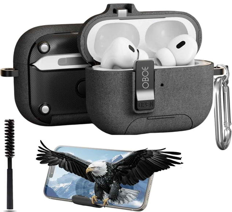 Oboe Shield Pro Case 'Compatible with' Apple Airpods Pro 2 Case (2023/2022/2019, 2nd/1st Gen), Magsafe Ready Case with Phone Stand, Full Protection Cover, Magnetic Lock & Keyring
