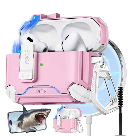 Oboe Tough Case For Apple Airpods Pro 2 Case (2023/2022/2019, 2nd/1st Gen), Magsafe Ready Case with Phone Stand, Full Protection Cover, Magnetic Lock & Keyring