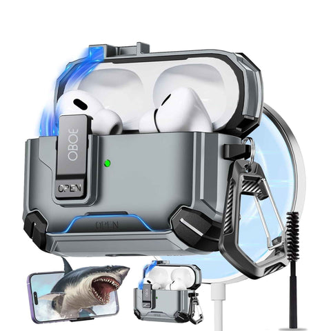 Oboe Tough Case For Apple Airpods Pro 2 Case (2023/2022/2019, 2nd/1st Gen), Magsafe Ready Case with Phone Stand, Full Protection Cover, Magnetic Lock & Keyring