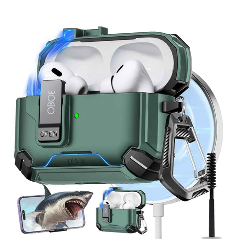 Oboe Tough Case For Apple Airpods Pro 2 Case (2023/2022/2019, 2nd/1st Gen), Magsafe Ready Case with Phone Stand, Full Protection Cover, Magnetic Lock & Keyring
