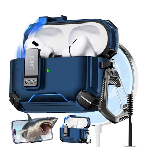 Oboe Tough Case For Apple Airpods Pro 2 Case (2023/2022/2019, 2nd/1st Gen), Magsafe Ready Case with Phone Stand, Full Protection Cover, Magnetic Lock & Keyring