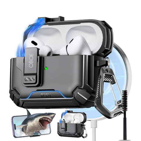 Oboe Tough Case For Apple Airpods Pro 2 Case (2023/2022/2019, 2nd/1st Gen), Magsafe Ready Case with Phone Stand, Full Protection Cover, Magnetic Lock & Keyring