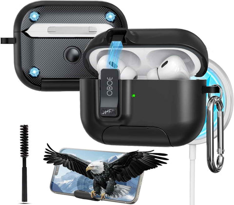 Oboe Shield Pro Case 'Compatible with' Apple Airpods Pro 2 Case (2023/2022/2019, 2nd/1st Gen), Magsafe Ready Case with Phone Stand, Full Protection Cover, Magnetic Lock & Keyring