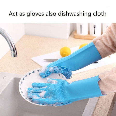 Multipurpose Anti-slip Silicone Gloves Reusable Dishwashing Scrubbing Gloves (1 Pair/ 2 Pcs) Blue