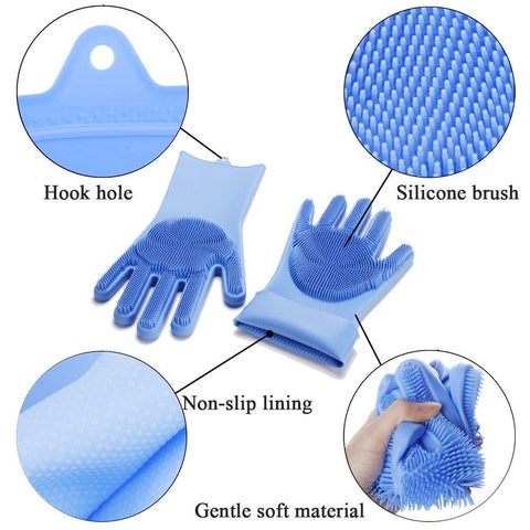 Multipurpose Anti-slip Silicone Gloves Reusable Dishwashing Scrubbing Gloves (1 Pair/ 2 Pcs) Blue