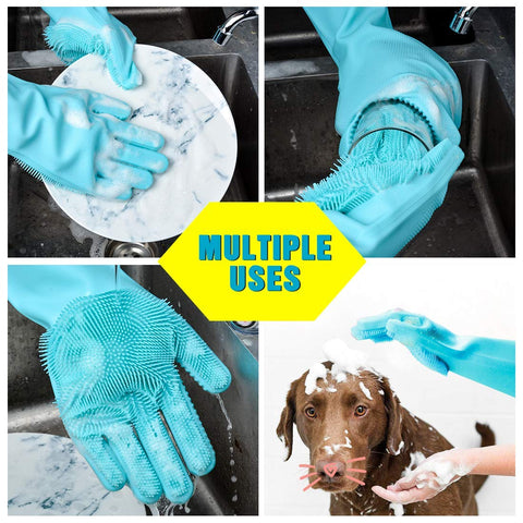 Multipurpose Anti-slip Silicone Gloves Reusable Dishwashing Scrubbing Gloves (1 Pair/ 2 Pcs) Blue